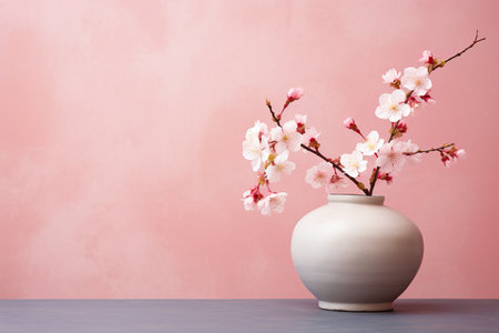 Cherry blossom in vase on table with pink wall backgroundの素材