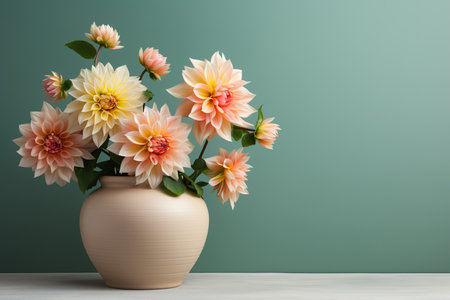 Beautiful dahlia flowers in vase on table against color backgroundの素材