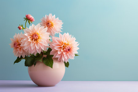 Beautiful dahlia flowers in a vase on blue backgroundの素材