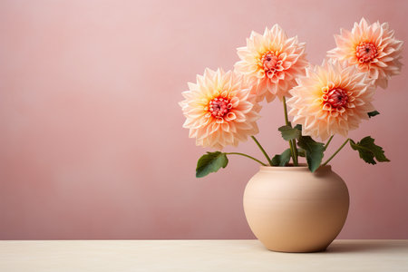 Beautiful dahlia flowers in vase on wooden table and pink backgroundの素材