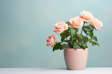 Pink roses in a vase on a blue background with copy spaceの素材