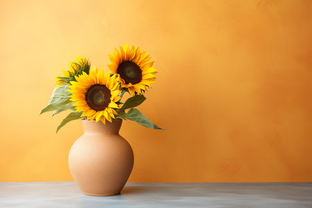 Bouquet of sunflowers in vase on wooden tableの素材
