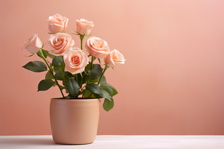 Beautiful pink roses in vase on wooden table against color backgroundの素材