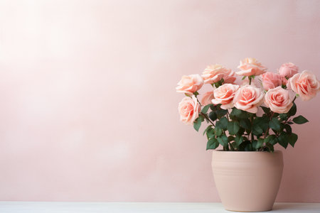 Pink roses in a vase on a light background. Copy space.の素材