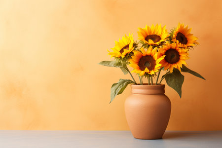 Bouquet of sunflowers in clay vase on tableの素材