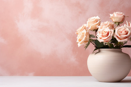 Bouquet of pink roses in a vase on a white tableの素材