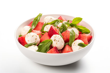 Salad with watermelon, mozzarella and basil in white bowlの素材