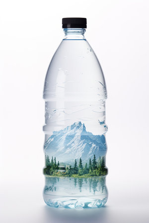 Plastic bottle of water with mountains and forest on the white backgroundの素材