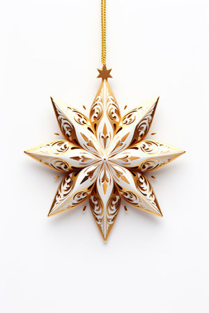 Christmas decoration on white background with copy space. Golden snowflake.の素材