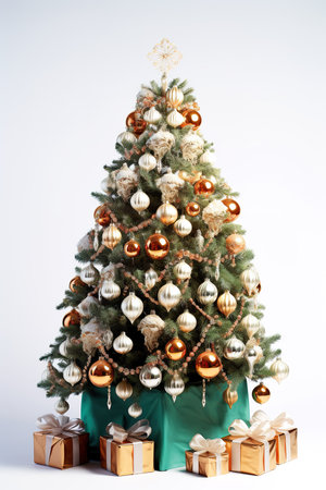 Decorated Christmas tree with gold and silver baubles and giftsの素材