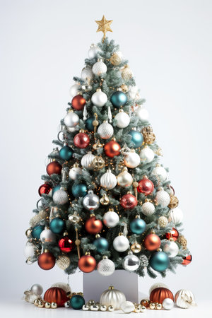 Christmas tree decorated with colorful baubles on a white background.の素材