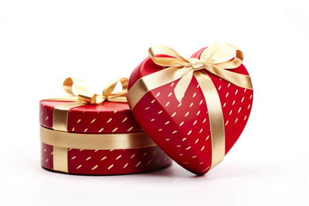 Red heart shaped gift boxes with golden ribbon isolated on white background.の素材