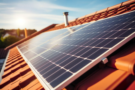 Solar panels on the roof of a house in the rays of the setting sunの素材