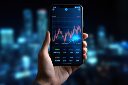 Smartphone screen displaying stock market data on blurred background 3D renderingの素材