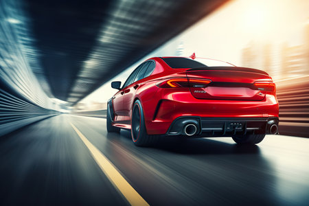 Red sports car on the road with motion blur background. 3d renderingの素材