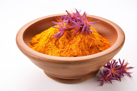 Turmeric powder and saffron flowers in clay bowl on white backgroundの素材