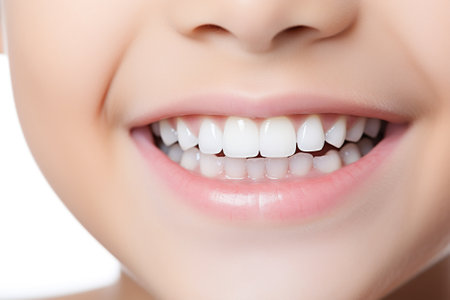 Close up of a beautiful young woman's smile with white teeth.の素材