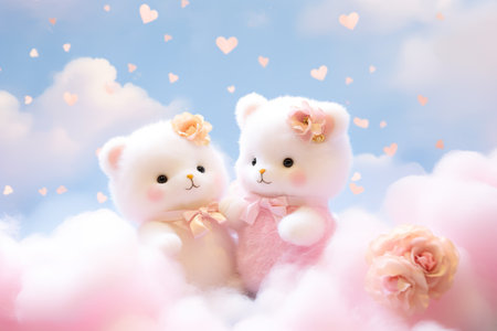 Cute teddy bears sitting on cloud with hearts and blue sky backgroundの素材
