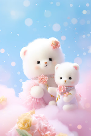 Cute polar bear doll with flower on pastel color background.の素材