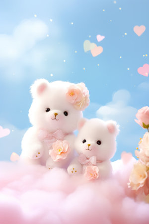 Cute teddy bear family with pink flowers on blue sky backgroundの素材