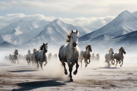 White horses galloping in the desert. Mountain background. 3d renderingの素材