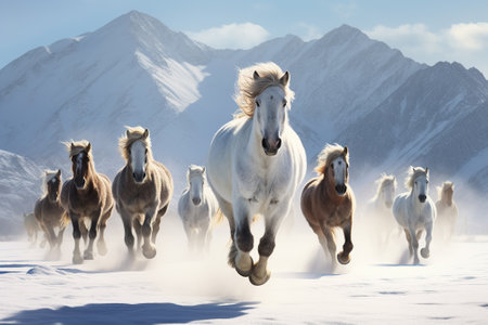 Horses running in the snow in winter, Kyrgyzstanの素材