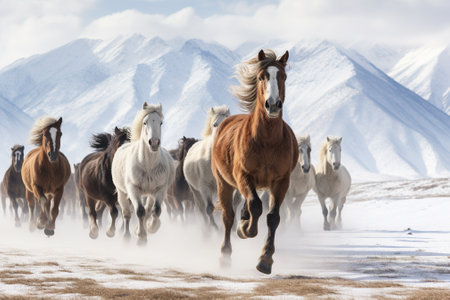 Herd of horses in the snow on the background of mountains.の素材