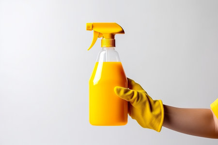 Hand in yellow rubber gloves holding a spray bottle on white background.の素材