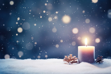 Candle in snow with pine cone and snowflakes on backgroundの素材