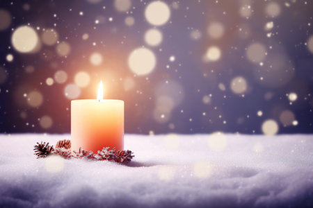 Candle in snow with bokeh background. Christmas card.の素材