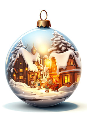 Christmas ball with the image of Santa Claus and the village on a white backgroundの素材