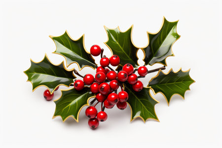 Christmas holly berry with green leaves and red berries on white backgroundの素材