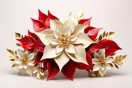 Christmas flower poinsettia with golden and red leaves on white backgroundの素材