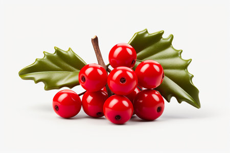 Christmas holly berry with green leaves isolated on white background.の素材