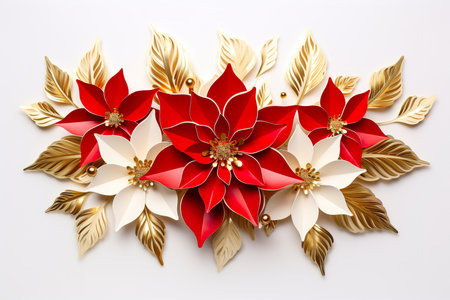 Christmas decoration with poinsettia flowers and golden leaves on white backgroundの素材