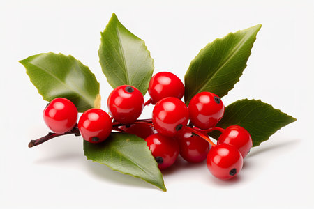 Holly berries with green leaves on a white background, isolated.の素材
