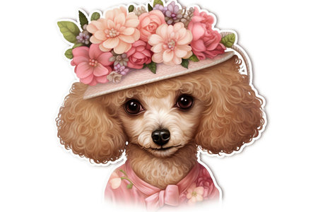 Portrait of a poodle in a hat with flowers on a white backgroundの素材