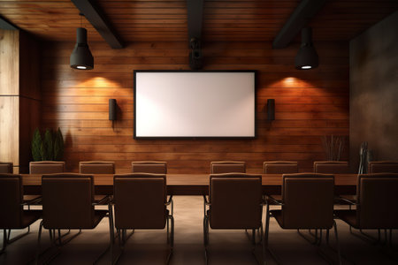 3D Rendering : illustration of modern wooden conference room interior with empty billboard.の素材
