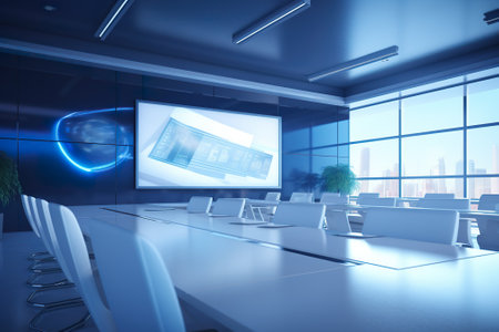 Interior of modern conference room with blue lights and city view 3D renderingの素材