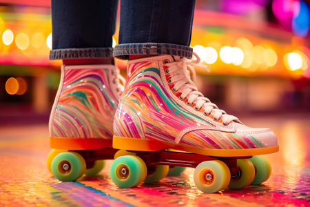 Close up of roller skates on legs of young woman in amusement parkの素材