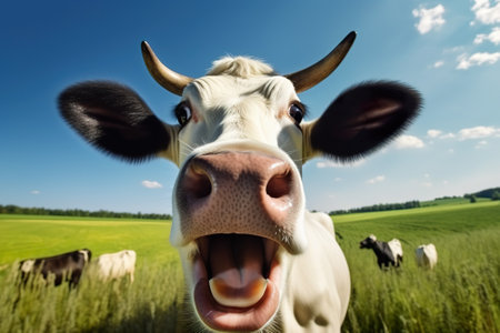 cow in the meadow on a background of green grass and blue skyの素材