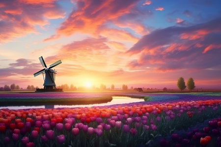 Landscape with tulips and windmill at sunset. Holland.の素材
