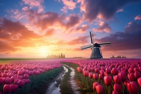 Tulip field with windmill at sunset in Holland, Netherlandsの素材