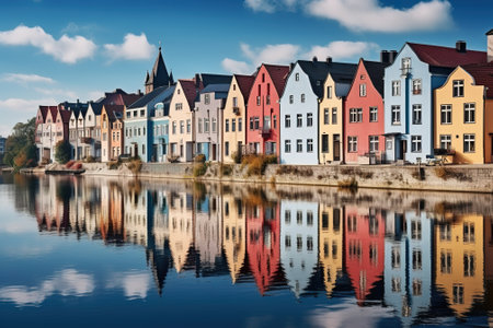 Old town of Trondheim, Norway. Colorful houses reflected in water.の素材
