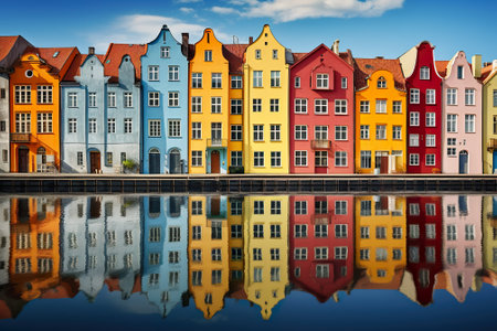 Colorful houses reflected in the water of a canal in Gdansk, Polandの素材