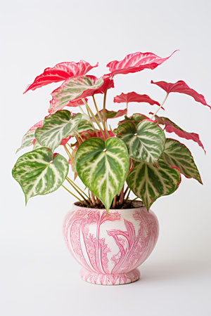 Caladium bicolor in a pot on a white background.の素材