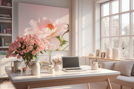 Workplace with laptop, coffee cup and flowers. Mock up, 3D Renderingの素材