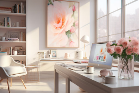 Interior of modern office with computer and flowers. 3d renderingの素材