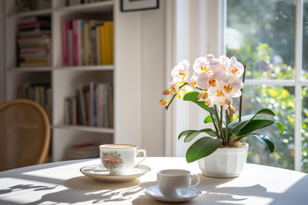 Cup of coffee and orchid on the table in the living roomの素材
