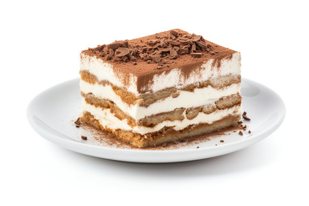 Tiramisu cake on white plate isolated on white background.の素材